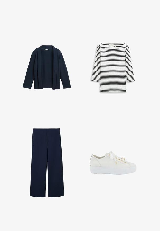 Mørkeblå cardigan, åben front, lange ærmer, blød tekstur, minimalistisk design uden knapper eller lukninger, glat stoffinish.; Langærmet bomuldsskjorte med marineblå og hvide vandrette striber, med et lille broderet logo på brystet, rund halsudskæring, afslappet pasform.; Marineblå brede bukser lavet af letvægtigt stof, med et rent design og lige snit, forsynet med sidelommer og uden synlige lukninger.; Hvide sneakers med en struktureret læderoverdel, gyldne snørehuller, snørebånd i satin og en tyk hvid sål.