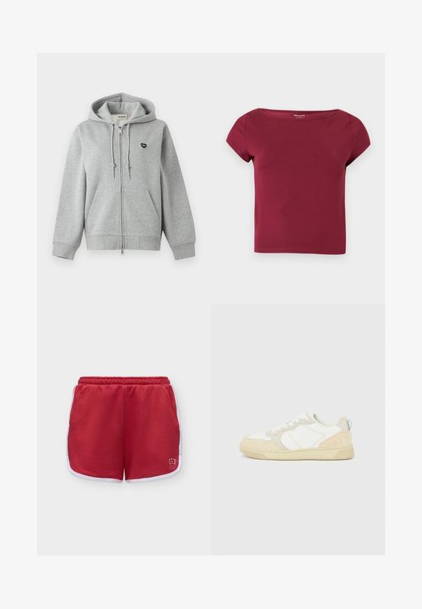 Sweat à capuche zippé gris clair avec poches avant, capuche à cordon, poignets et ourlet côtelés, et un petit logo cœur noir sur la poitrine.; Haut court à manches courtes, de couleur bordeaux unie, avec un large décolleté et un tissu lisse, présenté sur un fond clair uni.; Short de sport rouge avec bordure blanche, taille élastique, poches latérales et petit logo blanc sur la partie inférieure de la jambe droite.; Baskets blanches et beiges avec dessus en suède et textile, présentant des coutures contrastées, une semelle en caoutchouc et un accent bleu clair sur le talon.
