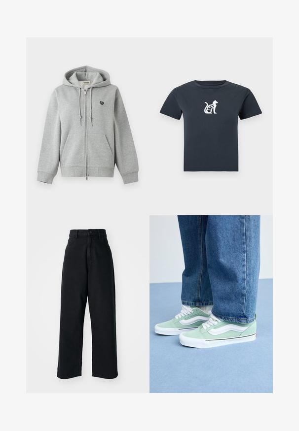 Sweat à capuche zippé gris clair avec poches avant, capuche à cordon, poignets et ourlet côtelés, et un petit logo cœur noir sur la poitrine.; T-shirt gris foncé à manches courtes avec un petit graphisme de chat blanc et le mot "OLEY" intégré dans le corps du chat sur la poitrine.; Jean noir taille haute à jambes larges avec poches avant et fermeture à bouton, présenté sur un fond blanc uni.; Personne portant des sneakers vert clair et blancs avec des lacets blancs et un jean bleu, se tenant sur un sol bleu clair.