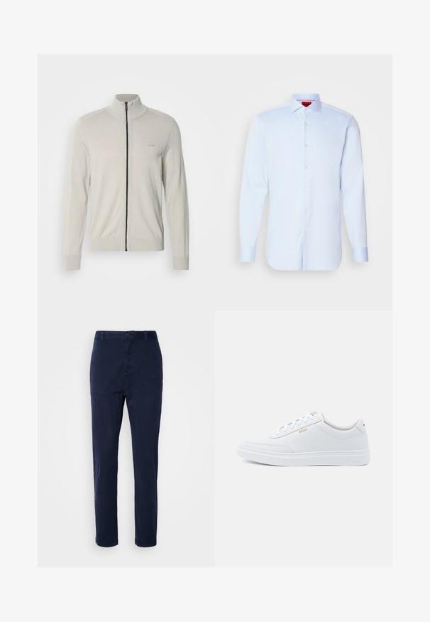 Suéter de cremallera gris claro con cuello alto, puños y dobladillo acanalados, que presenta un sutil logo en el pecho y una cremallera negra contrastante.; Camisa de botones de manga larga en azul claro con cuello extendido, dobladillo redondeado y botones blancos. Tejido suave con un brillo sutil.; Chinos azul marino de tela ligera, con un diseño de pierna recta, cierre de botón y bolsillos laterales. Textura suave y sin estampados.; Zapatillas de cuero blanco con textura suave, puntera redondeada y costuras tonales. Cuentan con cordones azules y un logo dorado en el lateral.