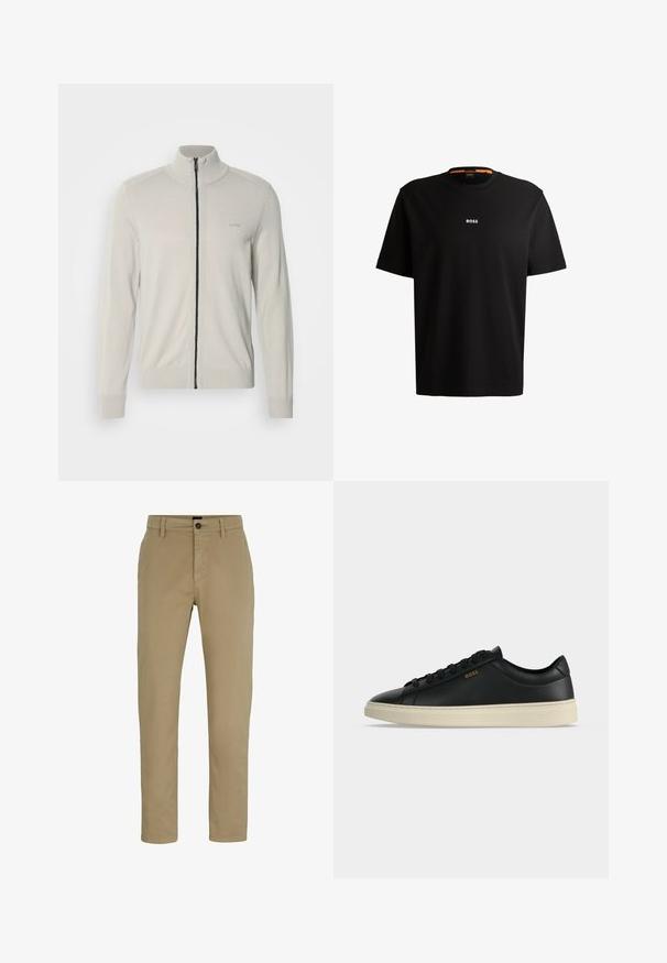 Suéter de cremallera gris claro con cuello alto, puños y dobladillo acanalados, que presenta un sutil logo en el pecho y una cremallera negra contrastante.; Camiseta de algodón negro con cuello redondo, mangas cortas y el logotipo "BOSS" en blanco centrado en el pecho. Textura suave, corte casual.; Chinos de algodón beige con un ajuste slim, frente plano y cierre de botón. Presenta trabillas para cinturón y bolsillos laterales para mayor funcionalidad.; Zapatilla baja negra de cuero con suela blanca, cordones negros y pequeño logo dorado BOSS en el lateral.