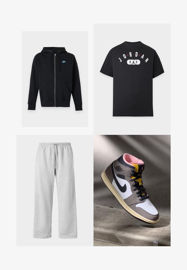 Čierna mikina s kapucňou na zips, prednými vreckami, sťahovacími šnúrkami na kapucni a malým modrým logom Nike na ľavej strane hrude.; Čierne tričko s krátkym rukávom s textom "JORDAN" a siluetovým logom medzi číslami 2 a 3 na hrudi.; Svetlo šedé tepláky s elastickým pásom a šnúrkou, vyrobené z mäkkej zmesi bavlny, s širokými nohavicami a hladkou textúrou. Bez viditeľných vreciek.; Biele, šedé a čierne vysoké tenisky Nike Air Jordan s ružovým interiérom a žltým jazykom, umiestnené na betónovom povrchu.