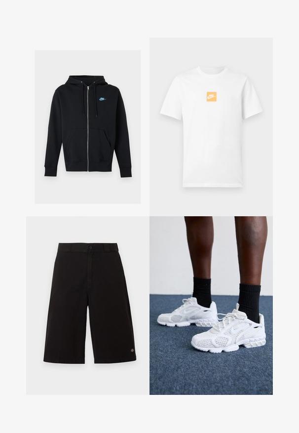 Čierna mikina s kapucňou na zips, prednými vreckami, sťahovacími šnúrkami na kapucni a malým modrým logom Nike na ľavej strane hrude.; Biele krátke bavlnené tričko s krátkym rukávom s malým oranžovým štvorcom na hrudi s bielym logom Nike a známym znakem swoosh.; Čierne krátke nohavice po kolená s pútkami na opasok, zapínaním na gombíky a malou nášivkou s logom blízko lemu na pravej nohe.; Biele športové topánky s priedušnou sieťovinou, textúrovanými akcentmi a polstrovanou podrážkou. Kombinované s čiernymi rebrovanými členkovými ponožkami na modrom kobercovom povrchu.