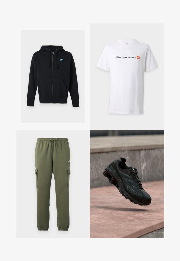 Zwarte hoodie met rits, voorzakken, trekkoorden aan de capuchon en klein blauw Nike-logo op de linkerborst.; Wit T-shirt met korte mouwen met de tekst "Nike Sportswear" in grijs en marineblauw en een oranje Nike-logo op de borst.; Olijfgroene cargobroek met elastische tailleband, trekkoordsluiting, zijzakken en een logo op de dij. Gladde katoenmix stof.; Zwarte atletische sneaker met zichtbare luchtgeveerde tussenzool die boven een roze stenen oppervlak zweeft met een grijze stenen muur op de achtergrond.