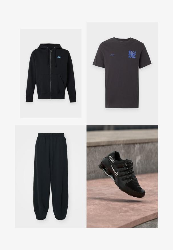 Zwarte hoodie met rits, voorzakken, trekkoorden aan de capuchon en klein blauw Nike-logo op de linkerborst.; Zwart T-shirt met korte mouwen en ronde hals, met blauwe "NIKE"-tekst in gotisch lettertype op de borst en kleinere tekst "NIKE AIR INCORPORATED 1972" aan de linkerkant.; Zwarte, elastiche sweatpants met een losse pasvorm, manchetten aan de enkels, een zachte textuur en zonder zichtbare patronen of hardwareaccenten.; Zwarte Nike Shox hardloopschoen met wit swoosh-logo, zwevend boven een roze betonoppervlak tegen een grijze stenen muur als achtergrond.