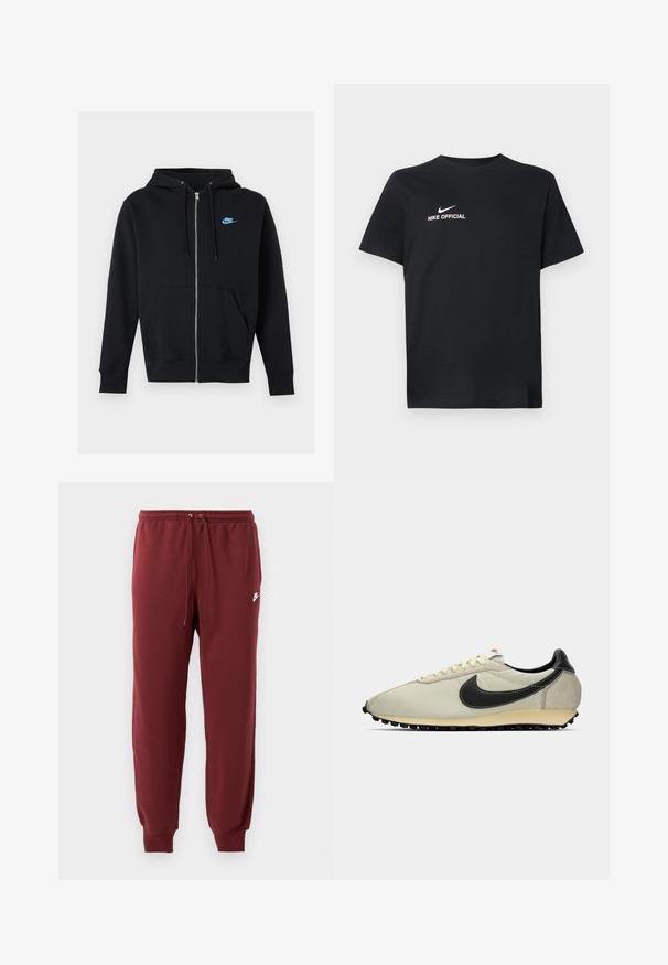 Schwarzer Kapuzenpullover mit Reißverschluss, Vordertaschen, Kordelzug an der Kapuze und kleinem blauem Nike-Logo auf der linken Brust.; Schwarzes Baumwoll-T-Shirt mit rundem Halsausschnitt. Vorderseite mit weißem Nike-Logo und dem Schriftzug "NIKE OFFICIAL". Kurze Ärmel.; Burgunderfarbene Sweatpants aus weichem Material, mit elastischem Bund und Kordelzug sowie schmal zulaufenden Bündchen, versehen mit einem kleinen weißen Logo.; Beige Leinensneaker mit schwarzen Lederelementen, runder Spitze, flacher schwarzer Außensohle und weißen Schnürsenkeln. Hat ein auffälliges schwarzes Logo.