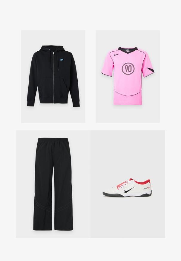 Schwarzer Kapuzenpullover mit Reißverschluss, Vordertaschen, Kordelzug an der Kapuze und kleinem blauem Nike-Logo auf der linken Brust.; Rosa Nike Fußballtrikot mit schwarzen Akzenten und einem runden "90" Logo in der Mitte. Kurze Ärmel, V-Ausschnitt und Mesh-Details an den Seiten.; Schwarze, weit geschnittene Hose aus leichtem Stoff mit elastischem Bund und dezent geschwungenen Steppnähten am Saum.; Weißer Sportschuh mit roten Akzenten, schwarzem Swoosh-Logo und strukturiertem Design. Mit weißen Schnürsenkeln und schwarzem Außensohle. Text lautet "total90."