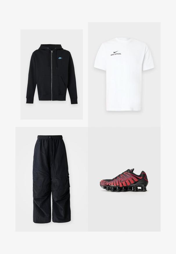 Sudadera negra con cremallera, bolsillos delanteros, cordones en la capucha y pequeño logo azul de Nike en el pecho izquierdo.; Camiseta blanca de algodón con mangas cortas. Presenta un logo negro de "Nike Official" y una marca de verificación (swoosh) negra en el lado izquierdo del pecho.; Pantalones cargo negros de nylon ligero con cinturilla elástica, cordón ajustable y múltiples bolsillos en capas en las piernas.; Zapatillas deportivas en negro y rojo con una parte superior de malla con rayas verticales y un cuello acolchado, sostenidas por una suela segmentada y distintiva.