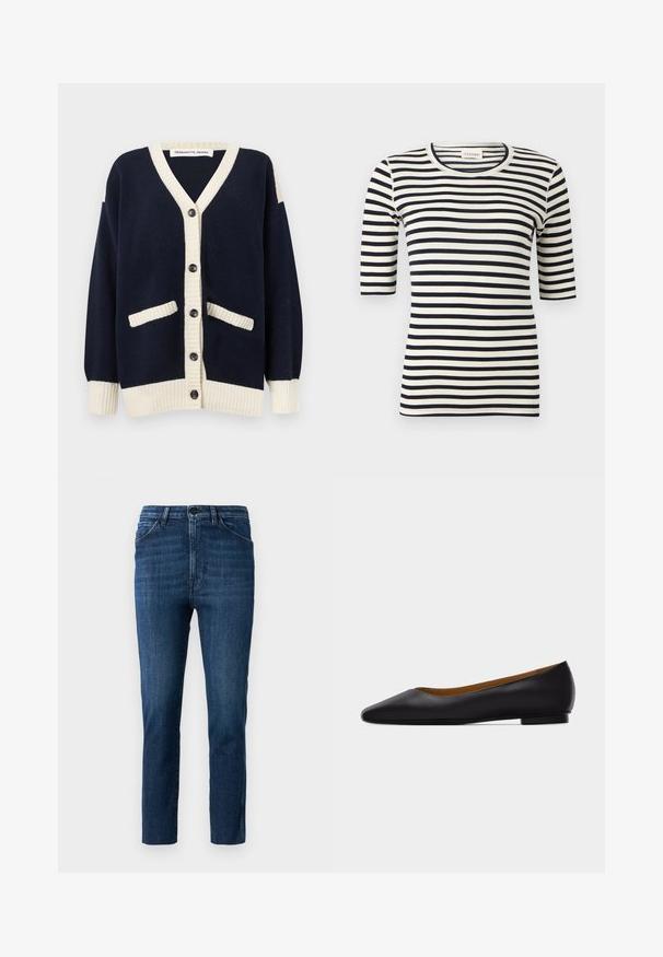 Marineblå cardigan med cremefarvede ribbede detaljer, V-hals, seks sorte knapper og to frontlommer. Lavet af blødt strikket materiale.; Sort og hvidt, vandret striped tætsiddende skjorte med albuelange ærmer og rund halsudskæring.; Blå slim-fit jeans med klassisk fem-lomme design og knaplukning, med subtil fading og ren lige ben skæring.; Sort læder flad sko med spids tå, lav hæl og glat finish, vist fra siden på en lysegrå baggrund.