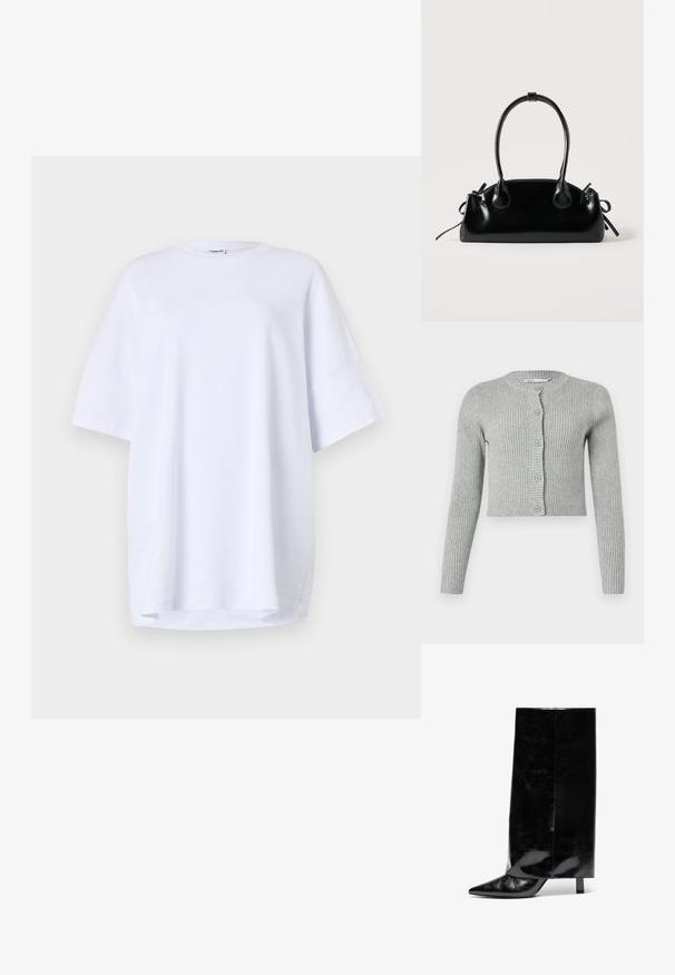 Grauer gerippter Cardigan mit langen Ärmeln, Knopfverschluss und rundem Ausschnitt. Verfügt über ein kurzes Design und eine weiche Struktur.; Oversized, kurzärmliges weißes T-Shirt aus Baumwolle. Runder Halsausschnitt, Seitenschlitze am Saum und glatte Textur ohne sichtbare Muster oder Akzente.; Schwarze Leder-Ankle-Boots mit spitzer Zehe und Blockabsatz, ausgestattet mit einem hohen, glanzvollen Schaft und einer strukturierten Oberfläche im unteren Bereich.; Kleine schwarze glänzende Handtasche mit zwei langen Griffen und seitlichen Kordelzug-Details vor einfachem hellem Hintergrund.