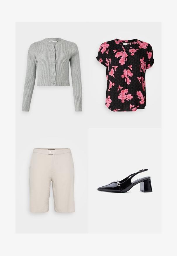 Cardigan gris con canalé, de mangas largas, con botones en el frente y cuello redondo. Presenta un diseño corto y una textura suave.; Camisa negra de manga corta con un patrón floral en rosa, con escote en V y un corte relajado, hecha de una tela ligera.; Shorts de algodón beige con cierre de botón, dos bolsillos laterales y un corte recto. Presentan una textura suave y un diseño simple.; Zapato de mujer tipo slingback de charol negro con punta afilada, tacón bajo y cuadrado, y dos hebillas pequeñas plateadas en las correas.