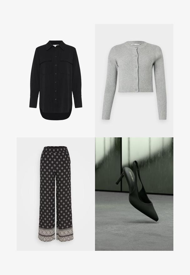 Šedý rebrovaný kardigán s dlhými rukávmi, gombíkovým zapínaním a okrúhlym výstrihom. Má skrátený strih a mäkkú textúru.; My Essential Wardrobe MWSILLE HACE - Blúzka so zapínaním na gombíky - black; Čierne široké nohavice s bielym diamantovým vzorom, elastickým pásom a kontrastným vzorom na leme. Ľahká látka s textúrovaným povrchom.; Čierna slingback topánka na vysokom opätku so špicatou špičkou a remienkom na členku, značková "ANNA FIELD", mierne vznášajúca sa nad sivým povrchom.