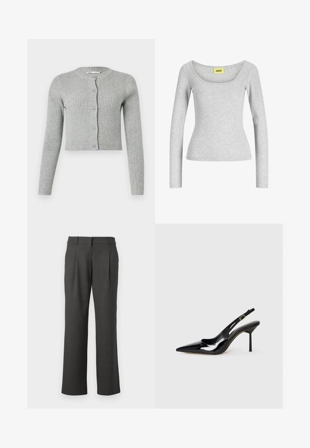 Cardigan gris à côtes avec manches longues, fermeture à boutons sur le devant et col rond. Présente un design court et une texture douce.; Haut gris clair à manches longues, ajusté, avec un large col en forme de scoop et une étiquette de marque jaune "JJXX" cousue à l'intérieur du col.; Pantalons formels gris foncé avec des jambes droites, des passants de ceinture et des plis avant, présentés sur un fond blanc.; Sandale à talon aiguille en cuir verni noir à bout pointu, avec une fine sangle et une boucle dorée sur fond blanc.