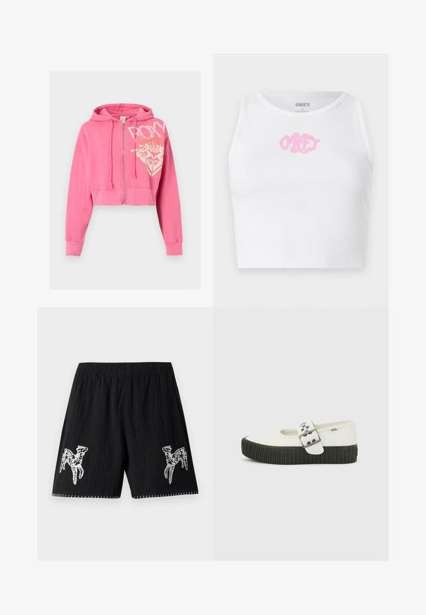 Pink gekürzter Kapuzenpullover mit Reißverschluss, Kordelzug an der Kapuze und weißem Blumen- und Kronenmotiv mit „ROXY“-Schriftzug auf der Vorderseite rechts.; Weißes, geripptes Crop-Top mit einem rosa "OBEY"-Logo in der Mitte. Mit rundem Ausschnitt und ärmellosem Design.; Schwarze Shorts aus texturiertem Stoff; mit weißen gestickten Designs an beiden Beinen und Kontrastnähten am Saum. Elastischer Bund.; Weißer Vans Mary Jane Schuh mit dicker schwarzer gerippter Sohle und großem silbernen Schnallenriemen vor einfachem grauem Hintergrund.