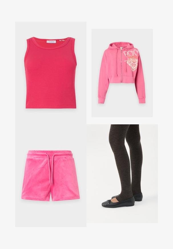 Sudadera corta rosa con cremallera, capucha con cordón y gráfico blanco de flores y corona con texto "ROXY" en la parte delantera derecha.; Top sin mangas de canalé ajustado en un brillante color rosa, con escote redondo. Presenta una etiqueta con texto azul en el interior del cuello.; Pantalones cortos de terciopelo rosa brillante con cinturilla elástica, cordón frontal y pequeño detalle de corazón bordado en la parte inferior derecha de la pierna.; Piernas con leggings oscuros acanalados combinados con bailarinas negras que presentan pequeños detalles de lazo sobre un fondo blanco.