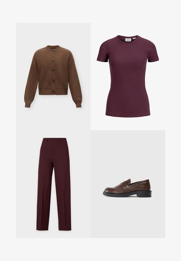 Cardigan marron en grosse maille avec manches longues et gros boutons foncés sur le devant, sur un fond clair uni.; T-shirt côtelé ajusté à manches courtes couleur prune foncée avec col rond et étiquette avant indiquant la marque JJXX et la taille 5.; Pantalon bordeaux foncé à jambe droite avec fermeture à bouton et fermeture éclair, passants de ceinture et plis marqués, présenté sur fond uni.; Mocassins en cuir marron avec un bout arrondi, présentant une sangle décorative sur le dessus, et un talon bas en caoutchouc noir texturé.