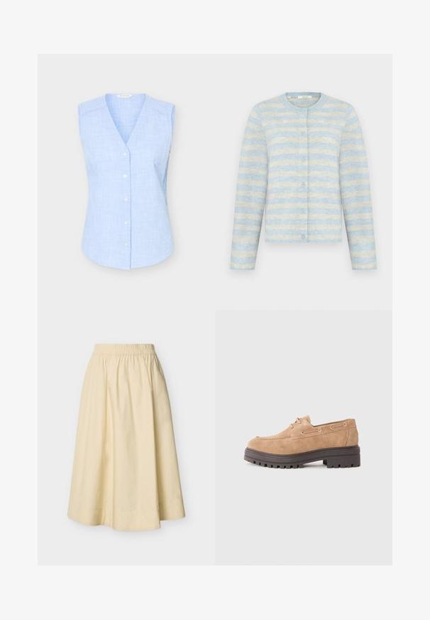 Cardigan long à manches longues rayé bleu clair et crème, avec un col rond et une fermeture à boutons sur le devant.; Chemisier sans manches à carreaux bleu clair, boutonné, avec un col en V et de petits boutons blancs, présenté sur fond uni.; Jupe midi de couleur crème avec ceinture élastique et silhouette évasée en A, présentée sur un fond uni.; Mocassins en daim beige avec une semelle en caoutchouc plate et striée, des œillets métalliques pour les lacets, présentant un bout arrondi et un minimum de détails de couture.