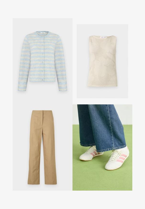 Lys blå og cremefarvet vandret stribet langærmet cardigan med rund hals og frontknaplukning.; Ærmeløs beige strik top med tekstureret blomsterprint og rund halsudskæring, mærket Samsøe Samsøe ved kraven.; Beige, lige ben bukser med flad front, sidelommer og et glat, let stof. Ingen synlige mønstre eller hardware detaljer.; Hvide sportsko med lyserøde striber, tekstureret læder og flad gummisål, parret med brede denimbukser på et grønt gulv.