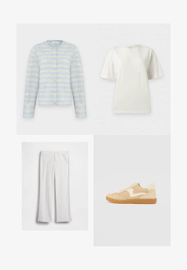 Cardigan long à manches longues rayé bleu clair et crème, avec un col rond et une fermeture à boutons sur le devant.; T-shirt blanc uni à manches courtes avec col rond, coupe décontractée et étiquette de marque visible au niveau du col.; Pantalon blanc à jambes droites avec fermeture éclair et bouton à l'avant, présenté à plat sur fond blanc.; Sneaker beige avec des matériaux en daim et en maille, forme arrondie, col rembourré proéminent et semelle en caoutchouc gomme. Présente un accent de design en forme de vague.