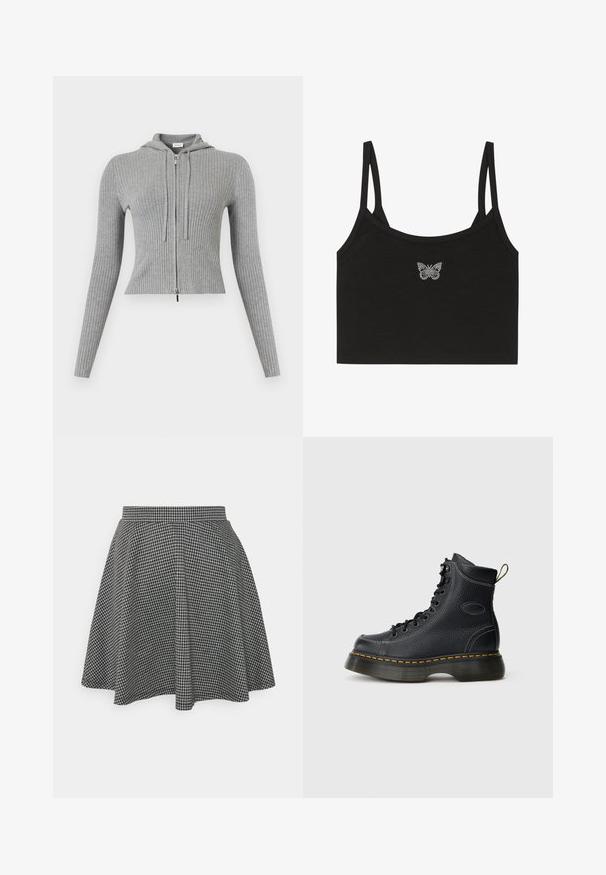 Lichtgrijze geribbelde gebreide hoodie met rits, lange mouwen en trekkoorden, aangesloten pasvorm.; Even&Odd Top - black; Zwart-witte geblokte skaterrok met een strakke tailleband en een uitlopende zoom, gemaakt van textuurstof die een klassiek patroon toont.; Zwarte leren veterschoenen met een gestructureerde afwerking, gevoerde enkel, gele stiksels en een stevige zool, met een trekhaak aan de achterkant.