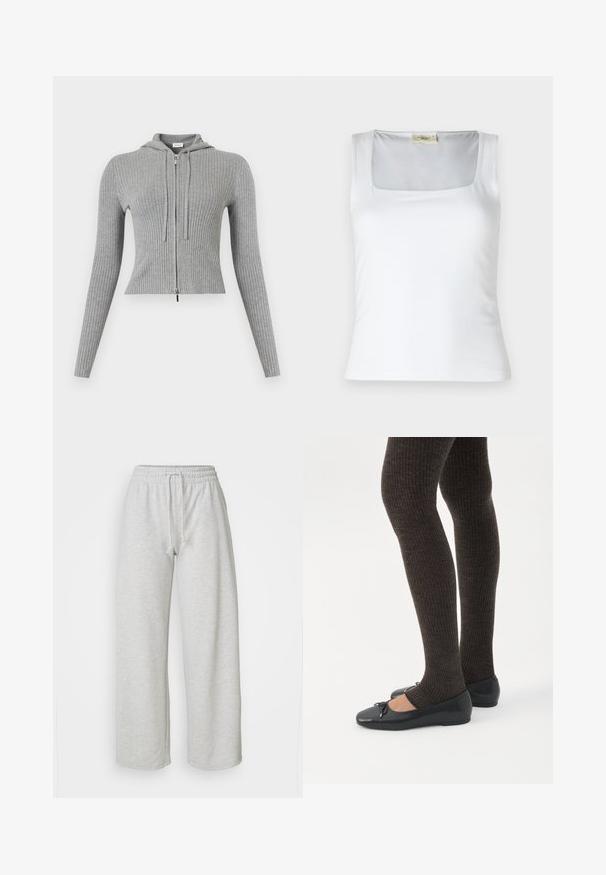Helehall triibuline kampsunist lukuga kapuutsiga, pikkade varrukatega ja nöörkinnitustega, keha järgiva lõikega.; Valge ruudukujulise kaelusega tank top, mis on valmistatud siledast kangast. Omab laiad rihmad ja istuvat siluetti. Pole nähtavaid mustreid ega kaunistusi.; Even&Odd Petite Dresside alumine osa - mottled light grey; Jalad seljas tumedad soonelises soonelises kombines mustade baleriinadega, millel on väikesed paelade detailid valgel taustal.