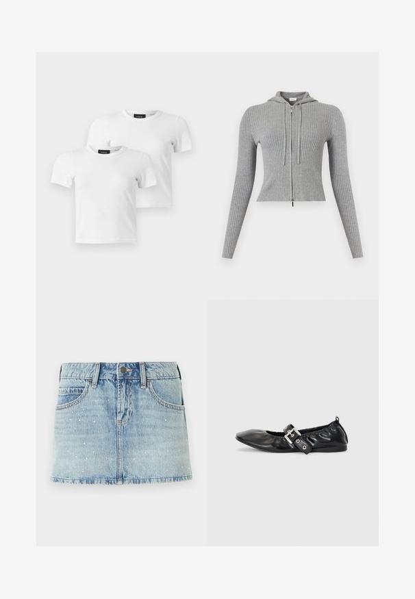 Lysegrå ribstrikket hættetrøje med lynlås, lange ærmer og snoretræk, figursyet design.; To enkle hvide T-shirts med korte ærmer og rund hals med JJXX mærke-etiketter vist på en lys grå baggrund.; Lyseblå denim mini nederdel med spredte sølvnitter, femlomme-design og frynset kant. Knaplukning ved taljen.; Sorte læder flade sko med spids tå, samling detaljer omkring åbningen, og en sølv spænde accent på den justerbare rem.