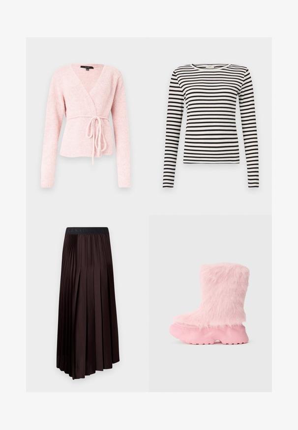 Suéter envolvente de felpa suave en color rosa con mangas largas y cinturón de lazo delantero, exhibido sobre un fondo claro y liso.; Camisa de manga larga a rayas blancas y negras con cuello redondo y textura acanalada ajustada. Ancho de las rayas equilibrado en toda la prenda.; Falda midi plisada de color marrón oscuro con una textura suave, que presenta una cintura elástica y un detalle de logo en la parte superior.; Bota rosa gruesa con suela texturizada y suave, pelaje sintético esponjoso que cubre toda la parte superior.