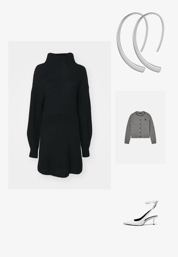 Grijze cardigan van zachte stof, met een ronde halslijn, zwarte knopen en een kraag versierd met kralen en een klein geborduurd logo.; Zwarte gebreide trui met een hoge hals, lange mouwen en een relaxte pasvorm. Textuurstof met een losse silhouet en geen zichtbare patronen.; Witte pointed-toe slingback hakken met een dunne enkelband. Gladde leren materiaal, dunne stilettohak en een zwarte binnenvoering.; Zilveren metalen oorbellen in de vorm van een gladde, glanzende, gebogen halve maan, met een minimalistisch ontwerp en zonder zichtbare patronen.