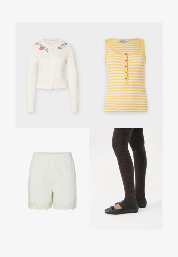 Cardigan blanc en maille torsadée avec manches longues, boutonnage devant et broderie florale rouge près de l'encolure arrondie.; Débardeur côtelé sans manches avec des rayures horizontales jaunes et blanches, encolure ronde, et cinq boutons centraux sur une patte jaune.; Shorts blancs à taille élastique avec ourlet festonné et détail de broderie florale ajourée le long des bords inférieurs.; Jambes portant des leggings côtelés foncés associés à des ballerines noires avec de petits détails en nœud sur fond blanc.