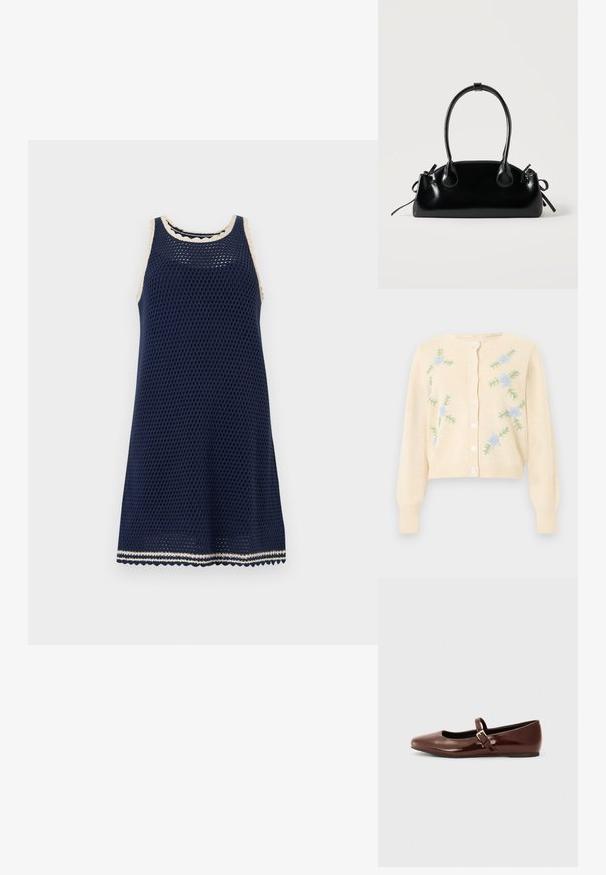 Cardigan en tricot crème à manches longues, boutons sur le devant et broderie de fleurs bleu clair avec feuilles vertes sur les côtés avant.; Robe en crochet sans manches bleu marine avec finition festonnée crème sur l'encolure, les emmanchures et l'ourlet, présentée sur fond blanc.; Ballerine en cuir verni marron avec un bout carré et une lanière ornée d'une petite boucle dorée. Texture lisse, talon bas et design minimaliste.; Petit sac à main noir brillant avec deux longues anses et des détails à cordon sur les côtés sur un fond clair uni.