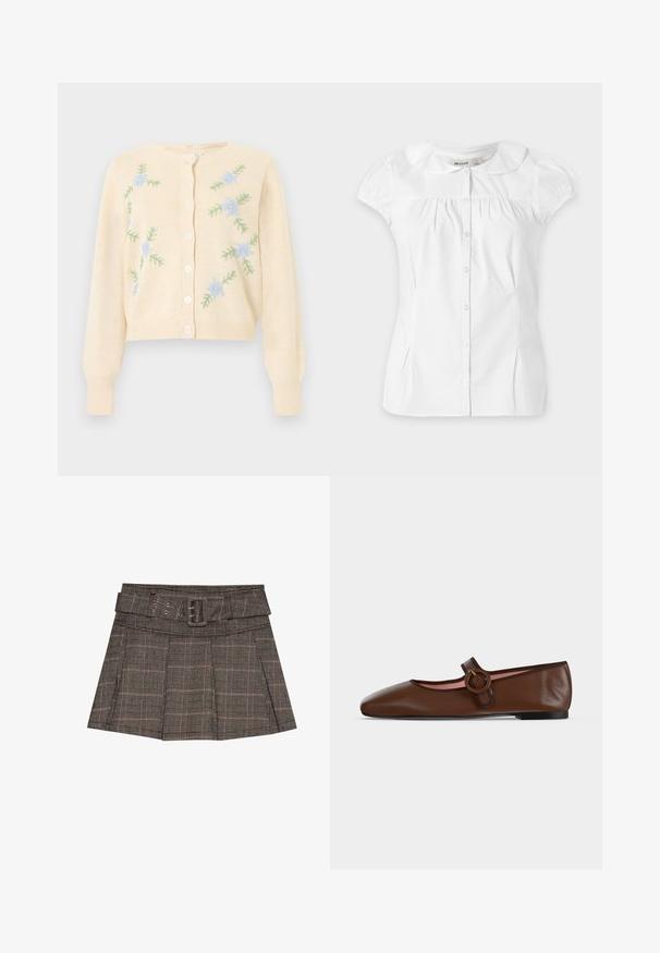 Cardigan en tricot crème à manches longues, boutons sur le devant et broderie de fleurs bleu clair avec feuilles vertes sur les côtés avant.; Blouse blanche à manches courtes avec col rond Peter Pan, boutons sur le devant, légers fronces sous l'encolure et plis latéraux subtils.; Jupe mini à carreaux en noir, brun et beige. Comprend une taille ceinturée, des plis et un tissu texturé avec un motif géométrique.; Chaussure plate Mary Jane en cuir marron avec bride à boucle ronde et semelle noire sur fond gris clair.