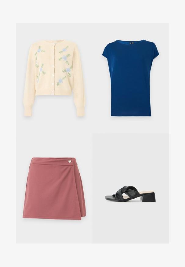 Kremfarvet strikket cardigan med lange ærmer, knapper foran og lyseblåt blomsterbroderi med grønne blade på forsiden.; Kongeblå dames kortærmet T-shirt med rund hals og afslappet pasform, vist på hvid baggrund.; Kort støvet rosa slå-om nederdel med en lille sølvknap nær taljebåndet på en ensartet, lys baggrund.; Sort lædersandal med et snoet overdesign, kvadratisk tå og en lav blokhæl, der har en glat tekstur og minimalistisk stil.