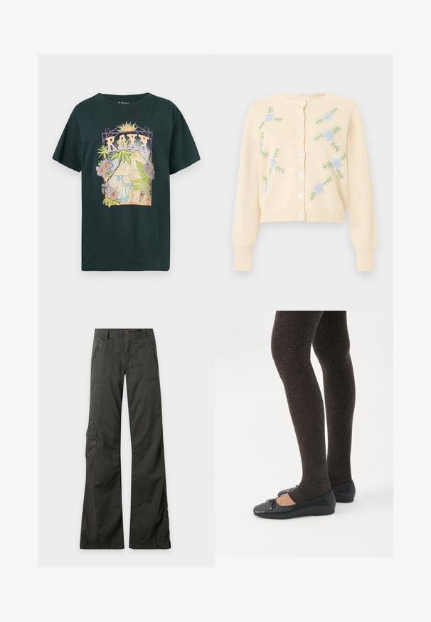 Cardigan en tricot crème à manches longues, boutons sur le devant et broderie de fleurs bleu clair avec feuilles vertes sur les côtés avant.; T-shirt noir en coton avec un motif coloré représentant des montagnes, une cascade et des fleurs tropicales, avec le texte "ROXY" en lettres majuscules.; Pantalon gris foncé à jambes larges avec poches à rabat devant et sur les côtés, passants pour ceinture et fermeture par bouton à la taille sur un fond uni.; Jambes portant des leggings côtelés foncés associés à des ballerines noires avec de petits détails en nœud sur fond blanc.