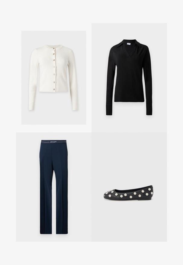 Cardigan blanc à manches longues avec encolure ronde et sept boutons beiges sur le devant, présenté sur un fond uni.; Top noir à manches longues avec col en V et col en tissu lisse, présenté sur un fond clair uni.; Pantalon bleu marine à jambe droite avec une taille élastique portant le texte "JOOP!" en blanc.; Ballerine plate en cuir noir avec des clous ronds en argent disposés le long du côté et un accent décoratif sur l\'orteil. Talon plat, design à bout arrondi.