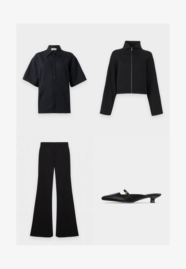 Sort cropped jakke med høj krave og lynlås i fuld længde. Har to forlommer og brede ærmer. Fremstillet af blødt stof.; Sort knap-shirt med korte ærmer, der har et stribet mønster, spredt krave og frontknaplukning. Glat tekstur, afslappet pasform.; Sorte vide bukser med elastisk talje og lynlåse ved anklerne, flad front, glat stof, vist mod en ensartet hvid baggrund.; Sort mule med spids tå, lav kittenhæl og tynd rem over vristen med en lille guldknapdetalje.