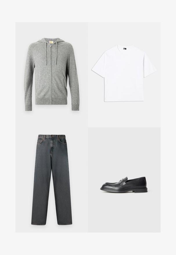 Sweat à capuche gris à fermeture éclair, avec capuche à cordon de serrage, poignets côtelés et texture lisse. Comprend des poches latérales et un design avant épuré.; T-shirt blanc à manches courtes en coton. Présente un col rond classique, une coupe décontractée et aucun motif ni graphique visible.; Jean en denim gris foncé avec une coupe droite, cinq poches et une fermeture à bouton et zip. Le tissu présente un léger dégradé et des coutures.; Mocassins en cuir noir avec une finition texturée, dotés d'une bride décorative à l'avant et d'un bout arrondi. Semelle en caoutchouc pour plus de durabilité.
