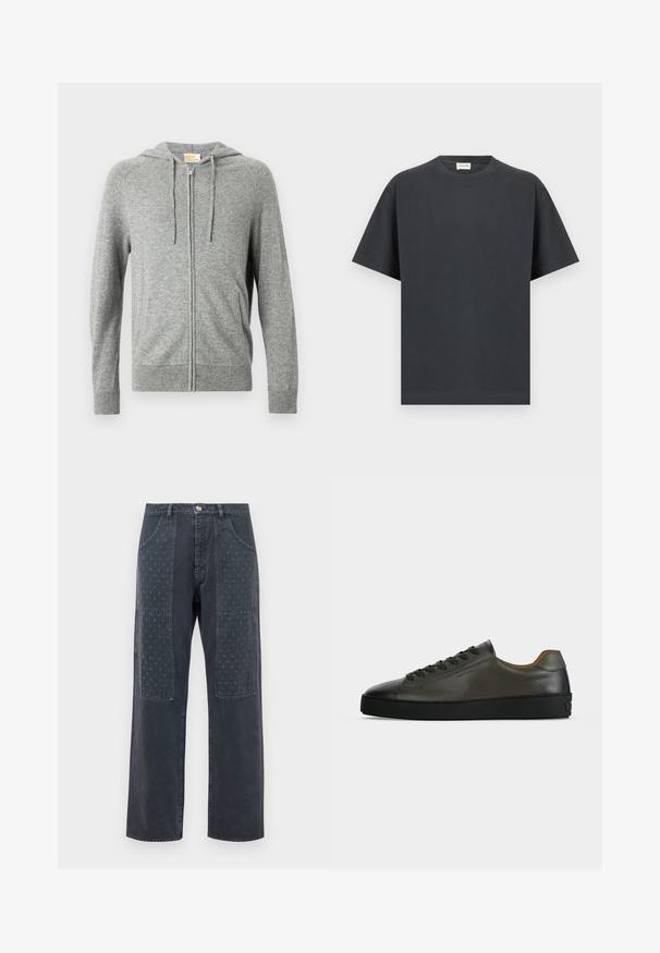 Grauer Kapuzenpullover mit Reißverschluss, Kordelzugkapuze, gerippten Bündchen und glatter Textur. Verfügt über Seitentaschen und ein schlichtes Vorderdesign.; Schwarzes T-Shirt mit kurzen Ärmeln und Rundhalsausschnitt, gerade Saum, flach auf hellem grauem Hintergrund dargestellt.; Dunkelgraue Jeans mit weitem Bein, die auf der Vorderseite dekorative Patches mit dezentem floralem Muster und klassischen Taschenverzierungen aufweisen.; Niedriger dunkelgrauer Ledersneaker mit schwarzen Schnürsenkeln und Sohle, minimalistisches Design, Seitenprofil vor einem schlichten hellen Hintergrund.