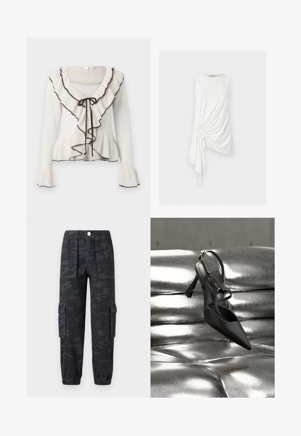 Ivory gebreide cardigan met een geschulpte halslijn, donkerbruine rand, striksluiting en klokmouwen. Zachte textuur en uitlopende zoom.; Wit mouwloos topje met asymmetrische zoom en geplooid gedrapeerd detail aan één kant, gemaakt van lichte stof.; Cargo broek in een donker camouflagepatroon, met een elastische tailleband, zijzakken en boorden aan de onderkant. Gemaakt van duurzaam materiaal.; Zwarte hoge hak met puntige neus en open achterkant. Voorzien van een dunne enkelriem en een gestructureerde zool. Strak, minimalistisch ontwerp, benadrukt door een glanzende metalen achtergrond.