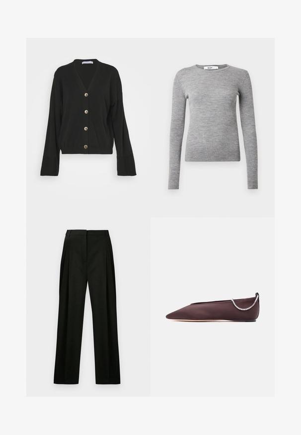 Sort cardigan med V-hals og lange ærmer, der har fem guldknapper foran samt ribbet kant og manchetter. Blødt materiale.; Grå langærmet ribstrikket sweater med rund halsudskæring og tætsiddende design. Fremstillet af et blødt, struktureret materiale med en slank silhuet.; Sorte brede bukser i textured stof med støbte folder foran og en ren, skræddersyet talje. Ingen synlige lommer eller udsmykninger.; Mørkebrun flad sko med spids tå, lav hæl og en sølvfarvet rhinstenkæde detalje bagpå.