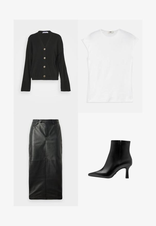 Sort cardigan med V-hals og lange ærmer, der har fem guldknapper foran samt ribbet kant og manchetter. Blødt materiale.; Hvid kortærmet t-shirt lavet af bomuld. Har en rund halsudskæring og en glat, blød tekstur med en afslappet pasform. Ingen mønstre eller accenter.; Sort læder blyantskirt med høj talje, skjult lynlås og forlommer, med en glat tekstur og sømdetaljer.; Sort læder ankelstøvle med spids tå, høj stilettohæl, glat tekstur og minimalistisk design. Inkluderer en lynlåslukning bagpå.