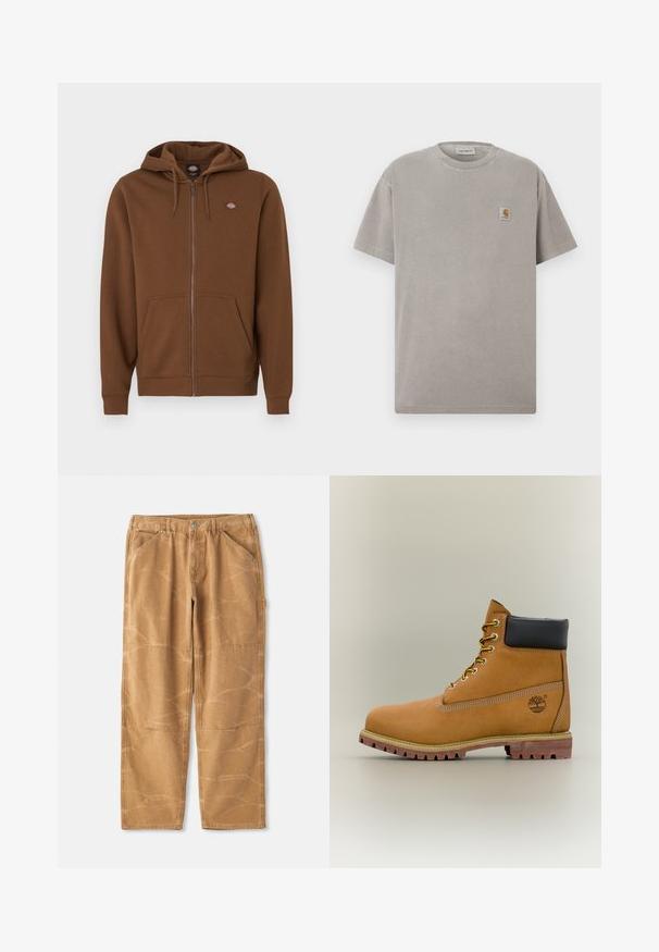 Hoodie marron à fermeture éclair en tissu doux, avec une poche kangourou, une capuche avec cordons de serrage, et un petit logo sur la poitrine supérieure.; T-shirt en coton gris à manches courtes, col rond, avec une petite écusson carré sur le côté gauche de la poitrine. Texture lisse et coupe décontractée.; Pantalons en coton beige avec une coupe ample, présentant des coutures visibles, des détails en patch et une texture légèrement froissée.; Bottine en cuir marron avec col noir, lacets jaunes et semelle beige. Présente un logo et des détails de couture blanche. Semelle extérieure à traction robuste.