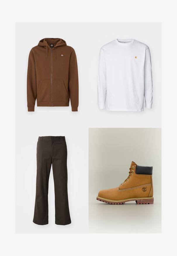 Bruine hoodie met ritssluiting, gemaakt van zachte stof, met een buidelzak, capuchon met trekkoorden en een klein logo op de bovenborst.; Witte lange mouwen t-shirt van katoen. Voorzien van een klein gouden logo op de borst en een ronde hals. Eenvoudig ontwerp en standaard pasvorm.; Bruine, uitlopende broek met een soepele textuur, voorzien van een sluiting met een voorknop en zijzakken. Eenvoudig en recht ontwerp.; Bruine leren enkellaars met zwarte kraag, gele veters en een zandkleurige zool. Voorzien van een logo en witte stikseldetails. Robuuste loopzool met grip.