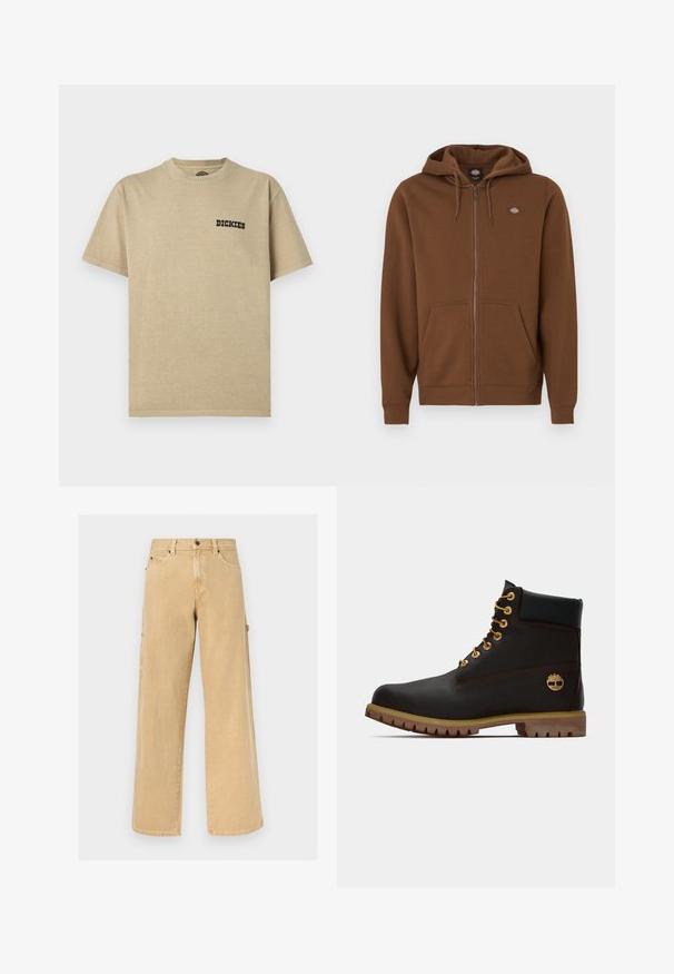 Hoodie marron à fermeture éclair en tissu doux, avec une poche kangourou, une capuche avec cordons de serrage, et un petit logo sur la poitrine supérieure.; T-shirt en coton beige avec un col rond et des manches courtes. Présente un logo noir "DICKIES" sur le côté gauche de la poitrine. Texture lisse.; Pantalon de travail beige à jambes droites avec passants pour ceinture, poches avant et latérales, ainsi qu'une boucle pour marteau sur fond uni.; Bottine noire en cuir avec œillets dorés, accents marron et semelle en caoutchouc. Comprend un col rembourré et un logo estampé sur le côté.