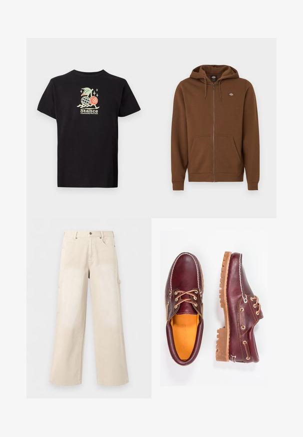 Brun lynlåshoodie lavet af blødt stof, med kængurulomme, hætte med snore og et lille logo på øverste del af brystet.; Sort bomulds t-shirt med et farverigt grafisk print af en ananas og kirsebær, teksten lyder "Stance Community Run Club." Korte ærmer.; Beige bukser med brede ben, forlommer, knaplukning og bæltestropper, vist mod en ensfarvet hvid baggrund.; Bordeaux lædersko med brune gummisåler, rund tå, hvid syning og gyldne snøringer. Indersiden har et gult for.