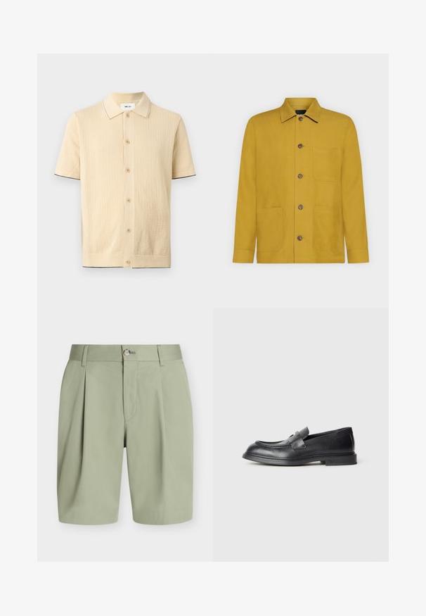 Chemise en tricot beige à manches courtes avec boutons sur le devant, col pointu, tissu texturé et bordure sombre subtile sur les poignets et l'ourlet.; Veste jaune moutarde à manches longues avec col, quatre boutons devant et trois poches avant sur fond uni.; Shorts vert clair, cintrés, avec plis, passants pour ceinture, fermeture par bouton et fermeture éclair cachée à l'avant sur fond uni.; Mocassins en cuir noir avec une finition texturée, dotés d'une bride décorative à l'avant et d'un bout arrondi. Semelle en caoutchouc pour plus de durabilité.