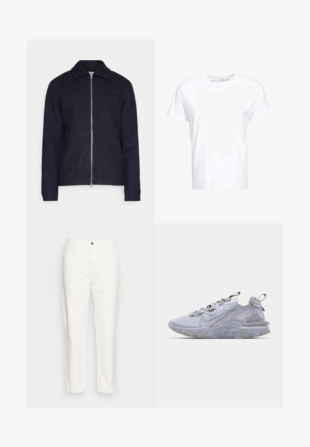 Dark navy jacket made of textured fabric, featuring a front zip closure, collar, and left chest pocket. Long sleeves with cuffs.; White cotton t-shirt features a round neckline and short sleeves, with a classic fit and smooth texture. No patterns or hardware visible.; White cotton trousers with a straight leg design, front pockets, single button closure, and a soft texture.; Light gray athletic shoe with a breathable mesh upper, textured rubber sole, and reflective accents. Features a cushioned collar and lace-up design.