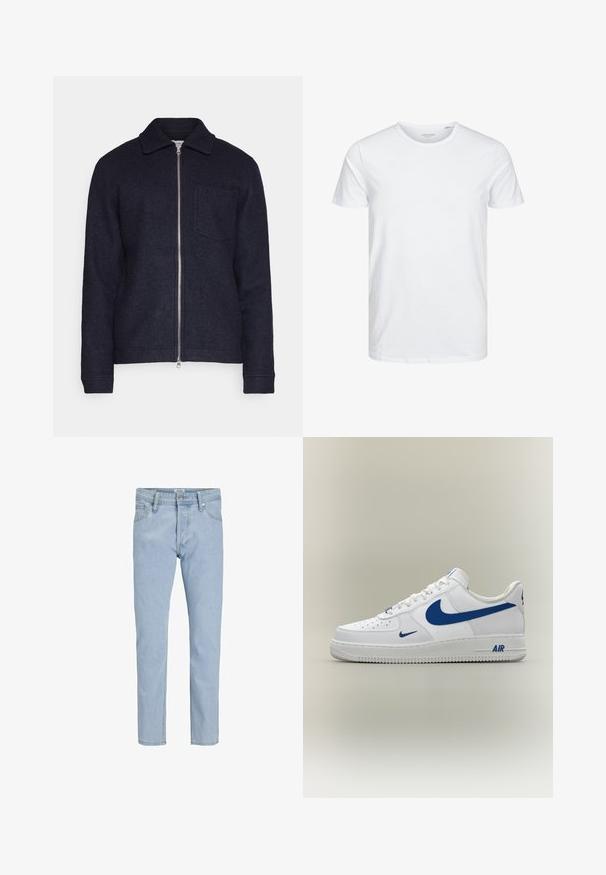 Veste bleu marine foncé en tissu texturé, avec une fermeture éclair à l'avant, un col et une poche sur la poitrine gauche. Manches longues avec poignets.; T-shirt à col rond à manches courtes de couleur blanche unie, fabriqué en coton doux, avec un design simple sans motifs ni accents visibles.; Jean en denim bleu clair avec une coupe droite, présentant un design classique à cinq poches et un léger délavage pour une texture.; Baskets blanches Nike Air Force 1 avec logos swoosh bleus et texte "AIR" sur la semelle, vues de côté sur un fond neutre.