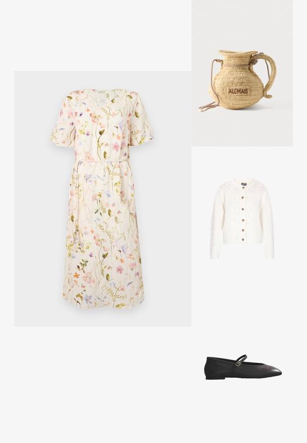 Cremefarvet strikket cardigan med rund halsudskæring, fem brune knapper og teksturerede mønstre hele vejen igennem. Ribbet manchetter og kant.; Blomstret kjole med korte ærmer, lys beige stof med flerfarvede blomster mønstre, taljebind, knælangt design.; Sort flat Mary Jane-sko i læder med spids tå og enkelt tynd rem med lille spænde på hvid baggrund.; Rund flettet stråtaske med håndtag af reb og "ALEMAIS" broderet på siden med brunt garn.