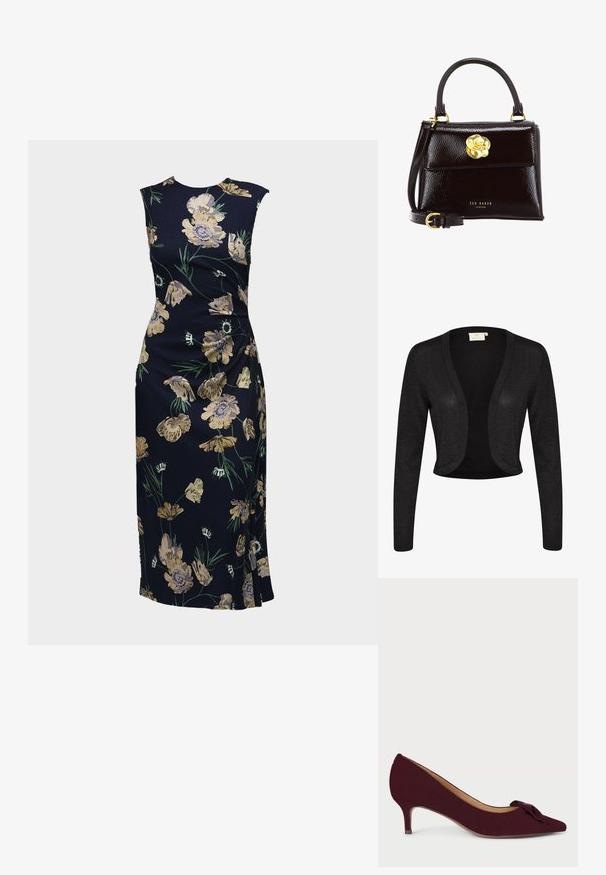 Sort cropped cardigan med lange ærmer, lavet af et glitrende strikket stof. Har en åben front og afrundede kanter.; Ærmeløs, figursyet midikjole i mørkeblå med gult og grønt blomsterprint, sideslids detalje og rund halsudskæring.; Bordeaux ruskindpumpe med spids tå, lille hæl og en knytta sløjfe accentueret på vampsiden; glat tekstur og strømlinet design.; Sort laklæderhåndtaske med struktureret design, der har et buet håndtag, aftagelig rem og en guldfarvet blomsterlåsdetalje.