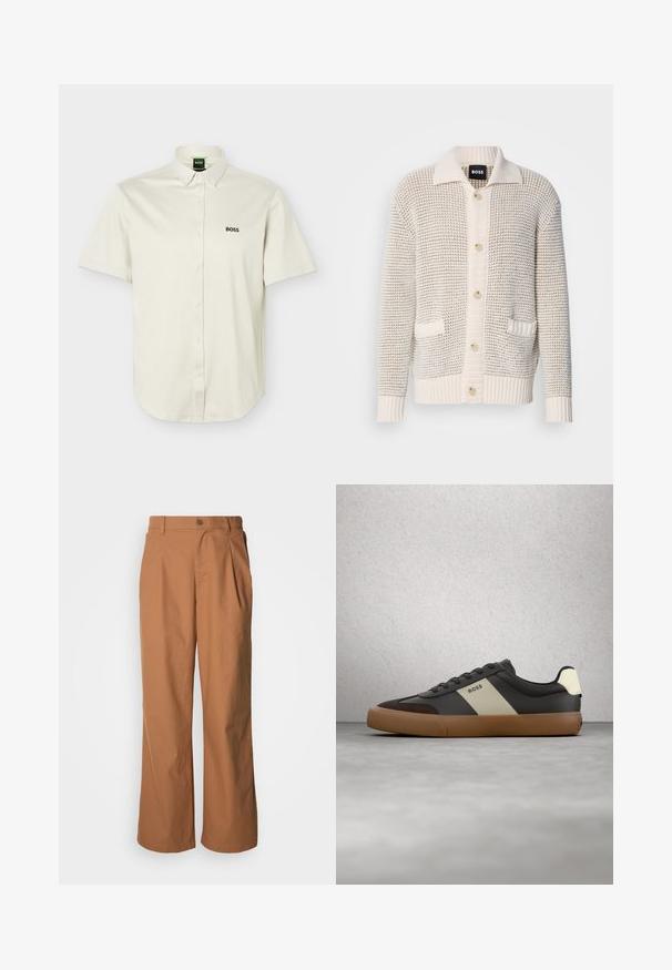 Cardigan beige texturé avec un devant boutonné, doté d'un large col, de deux poches avant et de poignets côtelés. Le matériau semble doux et confortable.; Chemise blanche à manches courtes avec boutons-pression, col boutonné, logo "BOSS" noir sur la poitrine, et étiquette verte à l'intérieur du col.; Pantalon à jambes larges en tissu marron chaud, avec fermeture à boutons sur le devant, plis subtils et coupe droite pour une tenue décontractée.; Baskets noires et brunes avec une bande beige et le logo "BOSS", flottant au-dessus d'un sol en béton gris et d'un mur en blocs de verre en arrière-plan.